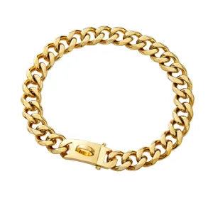 Detailaufnahme des goldenen 15mm Titanstahl Haustierkettenhalsbands mit polierten Gliedern.
