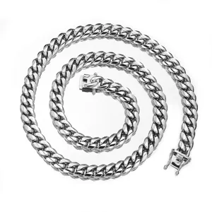 Detailed view of stainless steel Cuban link chain necklace, featuring secure box clasp.