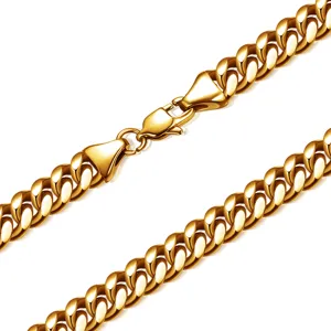 Close-up detail of a stylish gold stainless steel Cuban link chain necklace for men design.