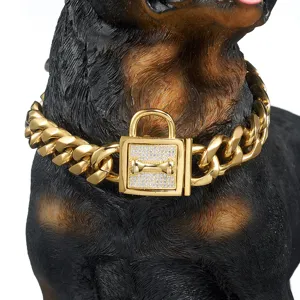 19mm Cuban Link Dog Collar Stainless Steel Heavy Chain with Rhinestone Bone Lock Detail