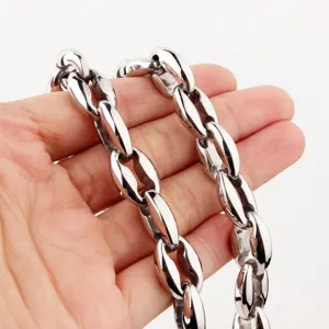 Men stainless steel coffee bean chain necklace, heavy metal punk fashion jewelry detail view.