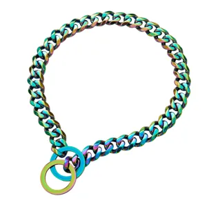 Rainbow titanium steel heavy pet chain collar detail view, 15mm width, metal O-rings.