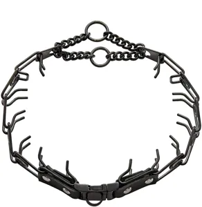 Stainless steel dog training prong collar detail, black metal pinch link with quick release buckle.