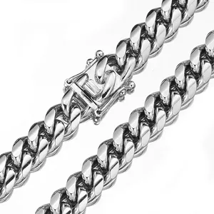 Stainless steel Cuban link chain necklace detail view, hip hop style jewelry for men.