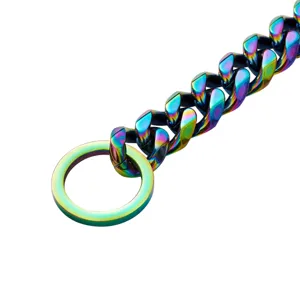 Close-up detail of iridescent rainbow metal curb chain and ring, vibrant titanium steel link.