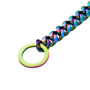 Rainbow stainless steel cuban link dog chain detail with solid round ring accessory.