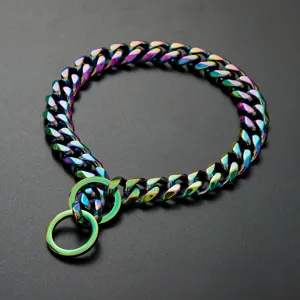 Detailed view of the 19mm rainbow stainless steel cuban link dog collar for large pets.