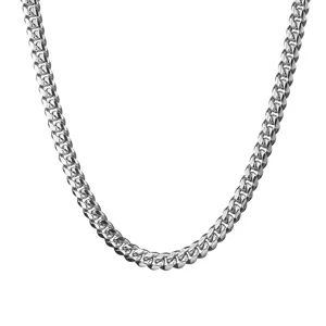 Close-up detail of the heavy stainless steel Cuban link necklace link structure showcase.