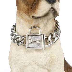 19mm stainless steel heavy duty dog chain collar with rhinestone bone padlock detail pet supply