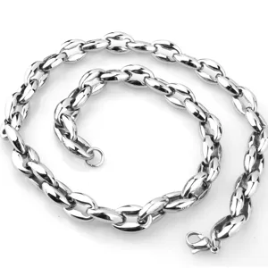 Stainless steel chunky coffee bean chain necklace detail, polished metal link close-up view.