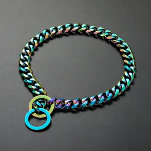 Rainbow stainless steel cuban link pet dog collar heavy duty metal choke chain 15mm width