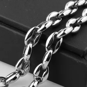 Stainless steel coffee bean chain necklace for men, heavy metal link design, stylish accessory.