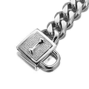 Stainless steel 19mm heavy pet cuban chain dog collar with bone lock pendant for pets.