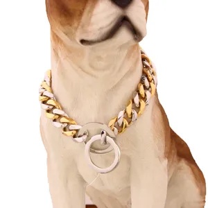 Stainless steel gold and silver Cuban link pet dog collar for large dogs, durable metal design.