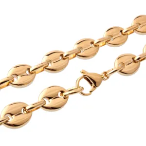 Gold coffee bean chain detail shot, premium stainless steel links necklace close up.