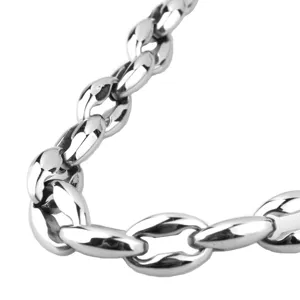 Close-up detail of silver stainless steel chunky coffee bean chain necklace for men.
