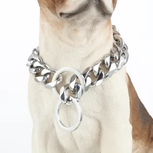 Heavy duty stainless steel dog chain collar, 19mm cuban link metal pet training collar for large dogs.