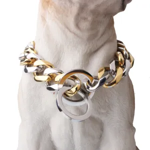 19mm stainless steel dog chain collar detail, two-tone gold and silver heavy metal link design.