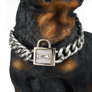 Heavy duty 19mm stainless steel Cuban link dog collar with lock and bone pendant for pets.