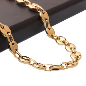 Close-up detail of gold coffee bean chain necklace, shiny titanium steel link design.
