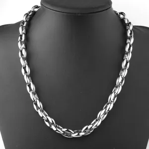 Men stainless steel coffee bean chain necklace, stylish hollow link design for everyday wear.