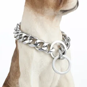 Stainless steel dog chain collar for medium large pets heavy duty metal cuban link 19mm