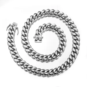 Stainless steel Cuban link necklace for men, hip hop style chunky silver chain detail view.