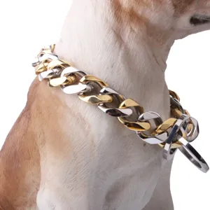 Detailed shot of a 19mm stainless steel dog chain collar with gold and silver dual tone links.