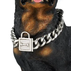 Durable 19mm stainless steel heavy duty pet dog chain collar with secure lock and bone pendant detail.