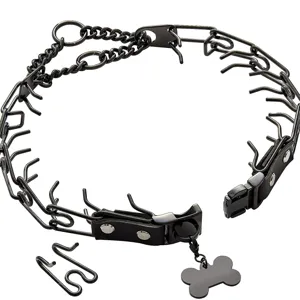 Stainless steel dog training prong collar with quick release buckle and bone tag for pets.