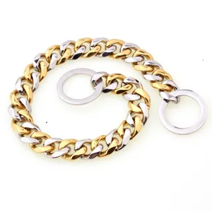 Detail view of the 15mm heavy duty two-tone stainless steel curb chain dog collar closeup