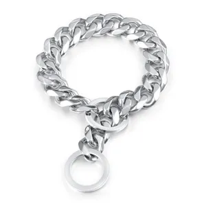 Detailed view of 19mm heavy-duty stainless steel Cuban link pet dog chain collar.