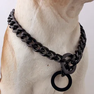 Durable heavy metal cuban link dog collar, 15mm thick titanium steel chain for large pets.