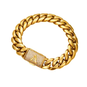 Gold Cuban link chain necklace for men featuring rhinestone letter A clasp detail view.