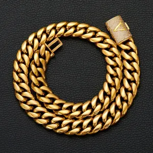 Gold cuban link chain for men, stylish hip hop chunky metal necklace with rhinestone letter A clasp.