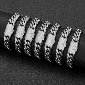 Men hip hop cuban chain necklace with alphabet letter pave flip clasp stainless steel jewelry.