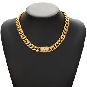 Gold hip hop cuban chain necklace for men with rhinestone letter A clasp detail view