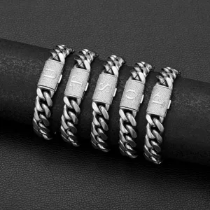 Men hip hop cuban chain necklace with paved letter flip clasp steel color detail view