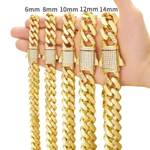 Men Stainless Steel Cuban Chain Necklace 14K Gold Plated Hip Hop Curb Chain With Rhinestone Lock Clasp Fashion Jewelry