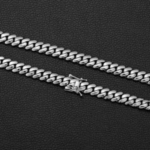 Men stainless steel cuban chain necklace, detail view of polished link design.