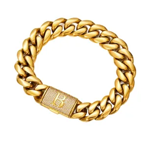 Gold hip hop cuban link chain necklace for men with rhinestone letter B clasp pendant.