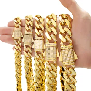 Men's hip hop 14k gold plated stainless steel Cuban link chain necklace with iced out clasp.