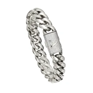 Men hip hop stainless steel cuban chain necklace with rhinestone letter A clasp detail