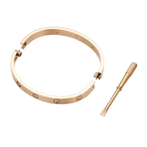 Close-up detail of rose gold screw bangle bracelet with matching mini screwdriver tool.