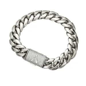 Detailed view of men hip hop cuban chain necklace in steel color with rhinestone clasp and letter A.