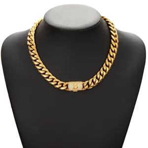 Men hip hop cuban link chain necklace with crystal letter B clasp gold finish detail.