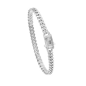 Silver cuban link chain bracelet with pavé crystal lock and iconic swan logo detail.