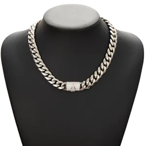 Men hip hop cuban link chain necklace with iced out letter A pendant in steel color jewelry