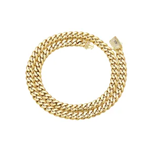 Gold stainless steel cuban link chain necklace with paved diamond lock clasp detail.