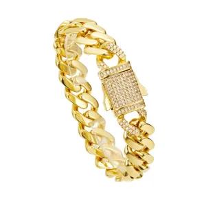 Men's iced out Cuban chain necklace with pave lock clasp, hip hop stainless steel gold jewelry.